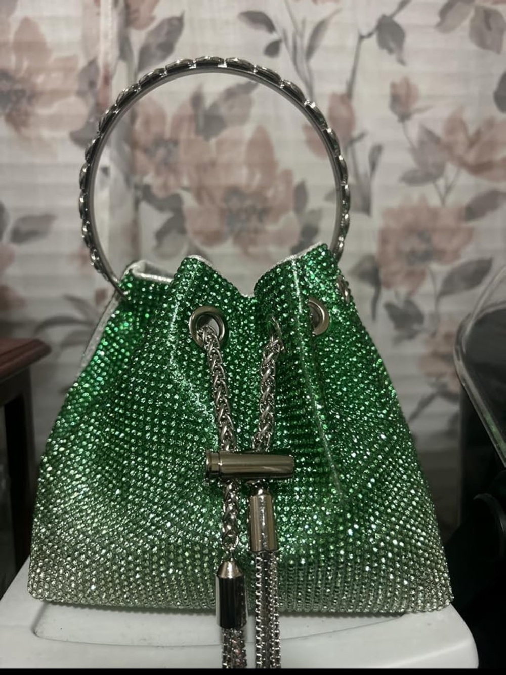 Green Crystal Rhinestone Drawstring Clutch Purse - Picture 3 of 3